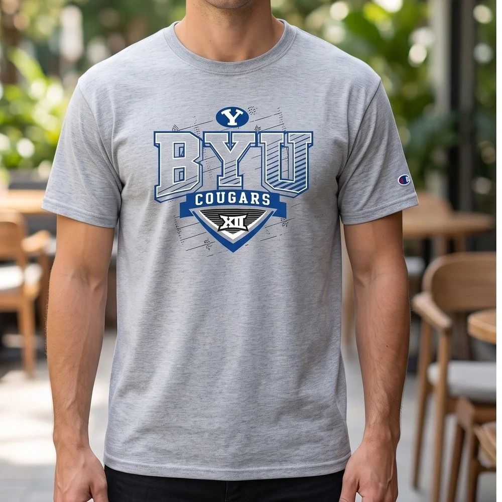 Champion BYU Cougars Big 12 Mens T-Shirt Heather Gray Short Sleeve Graphic Tee